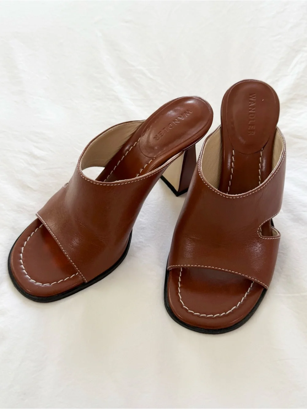 Wandler Isa Leather Mule Heels Brown EU 35 Square Toe Cutout Slide Sandals